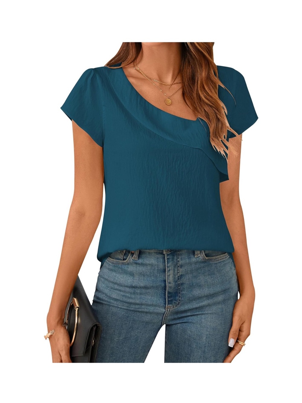 Women’s Teal Ruffle Asymmetric Neck Short Sleeve Top